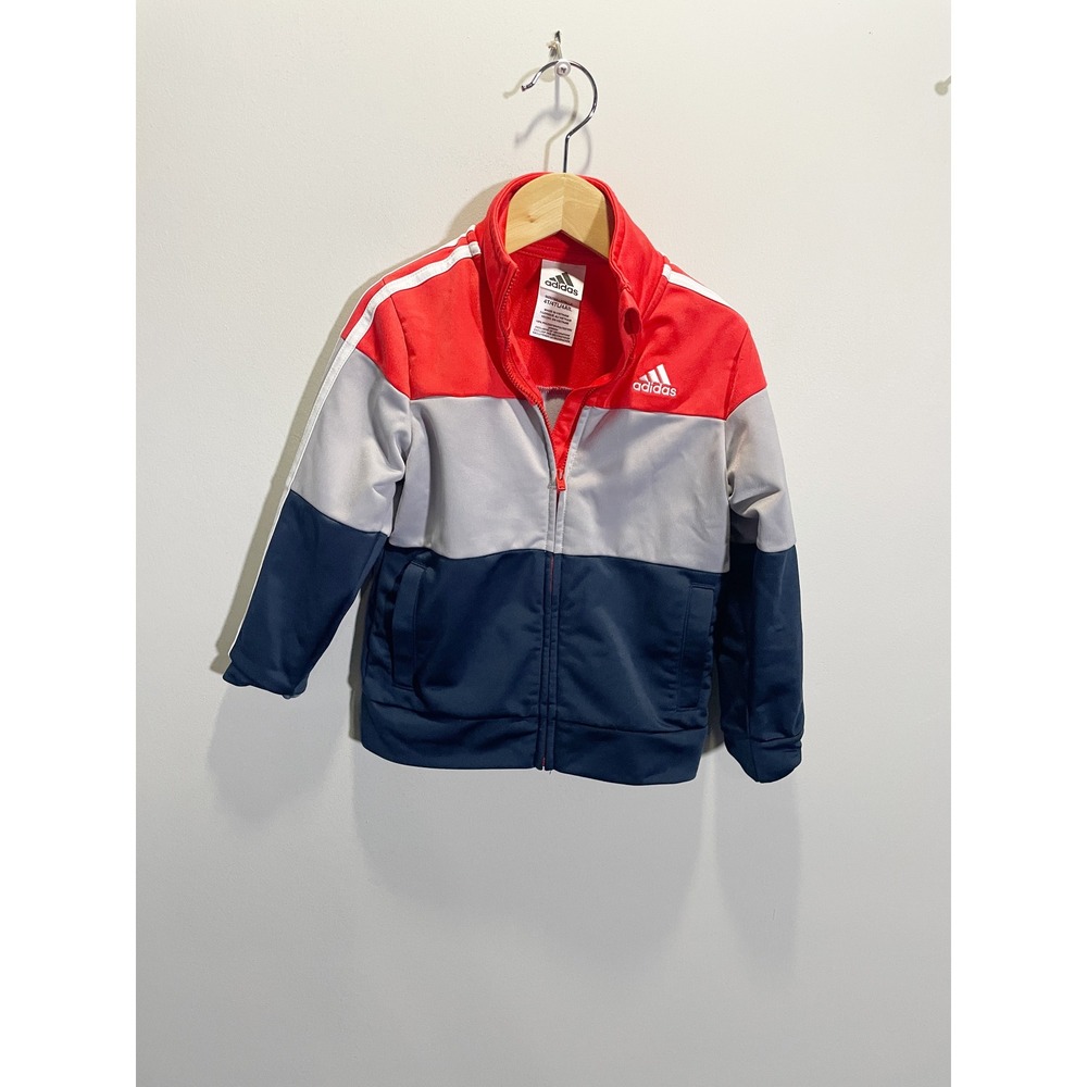 Adidas Track Jacket Kids 4T Red Grey Navy Colorblock Full Zip Sporty Activewear